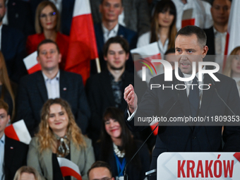 KRAKOW, POLAND - NOVEMBER 24:
Karol Nawrocki, the Law and Justice (PiS) party's candidate for the 2025 presidential election, during his spe...