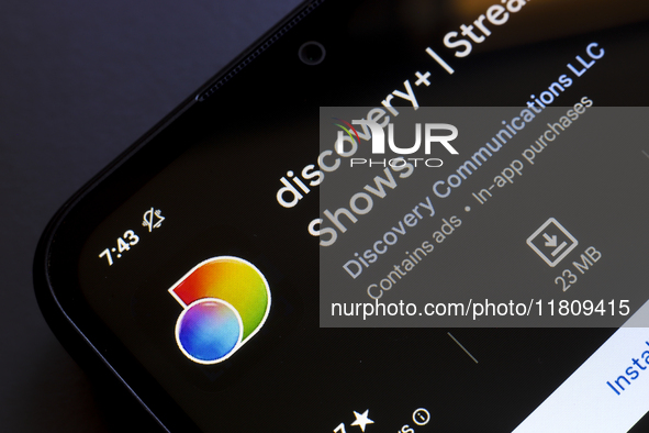 The Discovery Plus app logo appears on the screen of a smartphone in Reno, United States, on November 25, 2024. (Photo Illustration by Jaque...