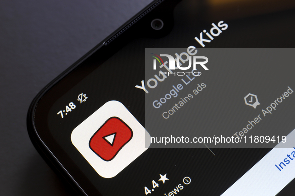 The YouTube Kids app logo appears on the screen of a smartphone in Reno, United States, on November 25, 2024. (Photo Illustration by Jaque S...