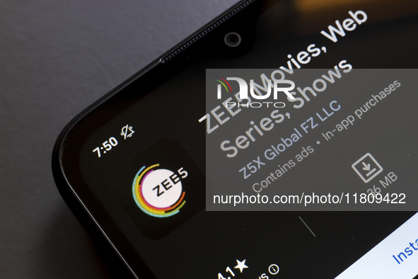 The ZEE5 app logo appears on the screen of a smartphone in Reno, United States, on November 25, 2024. (Photo Illustration by Jaque Silva/Nur...