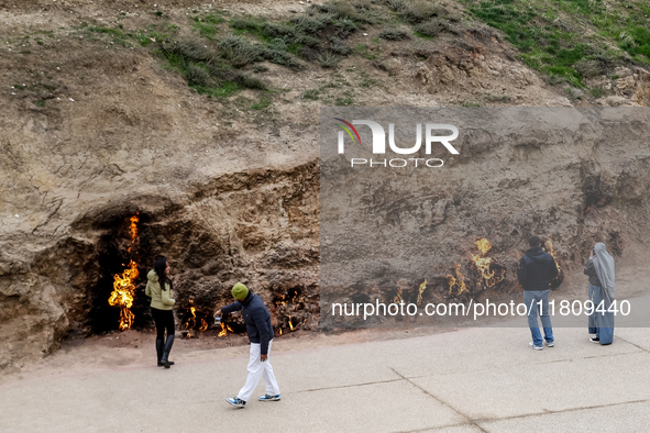 Yanar Dagh, a natural gas fire which blazes continuously on a hillside on the Absheron Peninsula on the Caspian Sea near Baku, the capital o...