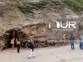 Yanar Dagh, a natural gas fire which blazes continuously on a hillside on the Absheron Peninsula on the Caspian Sea near Baku, the capital o...