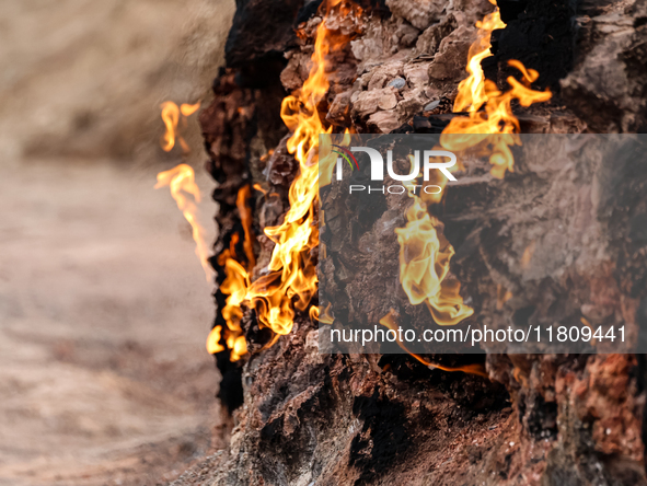 Yanar Dagh, a natural gas fire which blazes continuously on a hillside on the Absheron Peninsula on the Caspian Sea near Baku, the capital o...