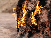 Yanar Dagh, a natural gas fire which blazes continuously on a hillside on the Absheron Peninsula on the Caspian Sea near Baku, the capital o...