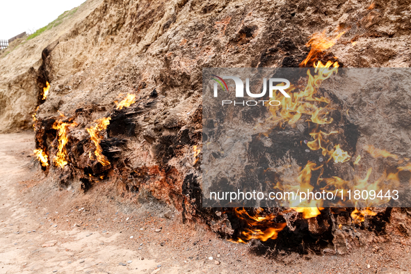 Yanar Dagh, a natural gas fire which blazes continuously on a hillside on the Absheron Peninsula on the Caspian Sea near Baku, the capital o...