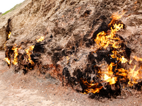 Yanar Dagh, a natural gas fire which blazes continuously on a hillside on the Absheron Peninsula on the Caspian Sea near Baku, the capital o...