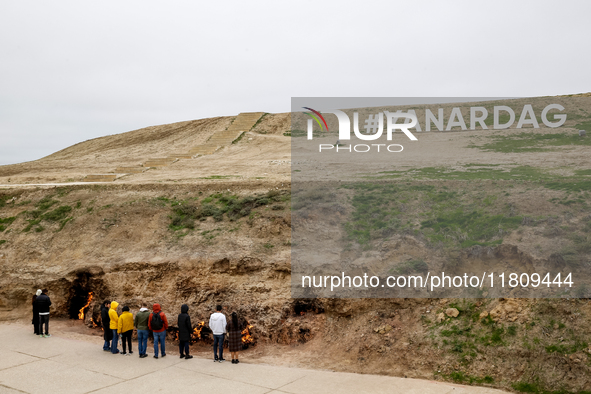 Yanar Dagh, a natural gas fire which blazes continuously on a hillside on the Absheron Peninsula on the Caspian Sea near Baku, the capital o...