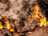 Yanar Dagh, a natural gas fire which blazes continuously on a hillside on the Absheron Peninsula on the Caspian Sea near Baku, the capital o...