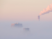 High-rise buildings are seen through the dense fog in Kyiv, Ukraine, on November 25, 2024. NO USE RUSSIA. NO USE BELARUS. (