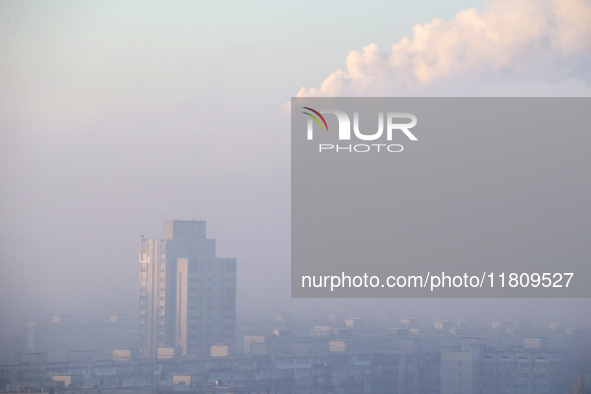 High-rise buildings are seen through the dense fog in Kyiv, Ukraine, on November 25, 2024. NO USE RUSSIA. NO USE BELARUS. 