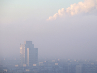 High-rise buildings are seen through the dense fog in Kyiv, Ukraine, on November 25, 2024. NO USE RUSSIA. NO USE BELARUS. (