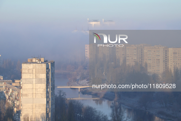 High-rise buildings are seen through the dense fog in Kyiv, Ukraine, on November 25, 2024. NO USE RUSSIA. NO USE BELARUS. 