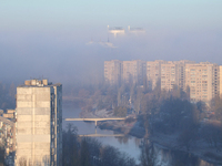 High-rise buildings are seen through the dense fog in Kyiv, Ukraine, on November 25, 2024. NO USE RUSSIA. NO USE BELARUS. (