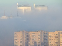 High-rise buildings are seen through the dense fog in Kyiv, Ukraine, on November 25, 2024. NO USE RUSSIA. NO USE BELARUS. (