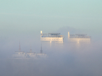 High-rise buildings are seen through the dense fog in Kyiv, Ukraine, on November 25, 2024. NO USE RUSSIA. NO USE BELARUS. (