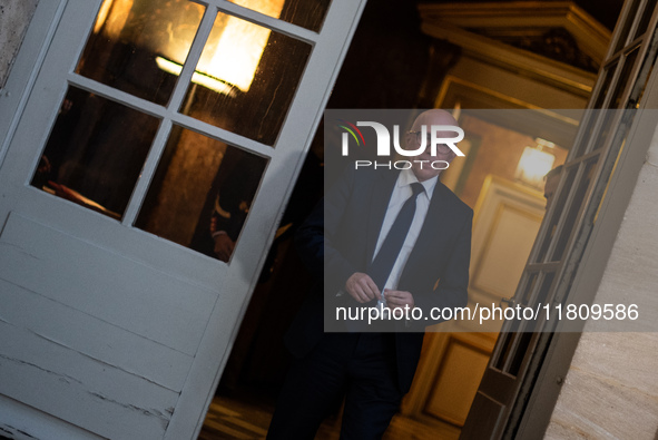 Union of Republican Right leader Eric Ciotti speaks to the press after the summit with Prime Minister Michel Barnier at the Hotel de Matigno...