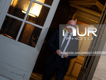 Union of Republican Right leader Eric Ciotti speaks to the press after the summit with Prime Minister Michel Barnier at the Hotel de Matigno...