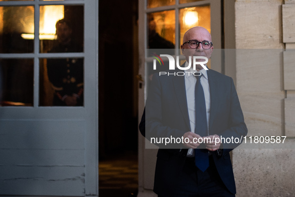 Union of Republican Right leader Eric Ciotti speaks to the press after the summit with Prime Minister Michel Barnier at the Hotel de Matigno...