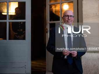 Union of Republican Right leader Eric Ciotti speaks to the press after the summit with Prime Minister Michel Barnier at the Hotel de Matigno...