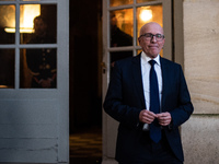 Union of Republican Right leader Eric Ciotti speaks to the press after the summit with Prime Minister Michel Barnier at the Hotel de Matigno...