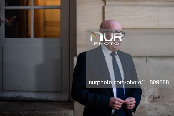 Union of Republican Right leader Eric Ciotti speaks to the press after the summit with Prime Minister Michel Barnier at the Hotel de Matigno...