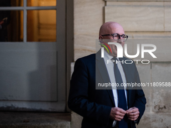 Union of Republican Right leader Eric Ciotti speaks to the press after the summit with Prime Minister Michel Barnier at the Hotel de Matigno...