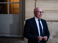 Union of Republican Right leader Eric Ciotti speaks to the press after the summit with Prime Minister Michel Barnier at the Hotel de Matigno...