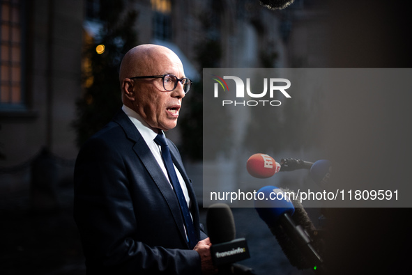 Union of Republican Right leader Eric Ciotti speaks to the press after the summit with Prime Minister Michel Barnier at the Hotel de Matigno...