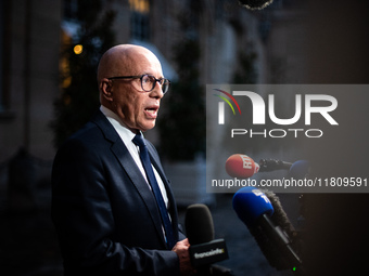 Union of Republican Right leader Eric Ciotti speaks to the press after the summit with Prime Minister Michel Barnier at the Hotel de Matigno...