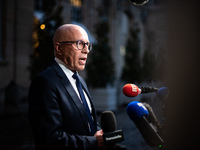 Union of Republican Right leader Eric Ciotti speaks to the press after the summit with Prime Minister Michel Barnier at the Hotel de Matigno...