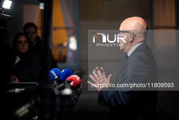 Union of Republican Right leader Eric Ciotti speaks to the press after the summit with Prime Minister Michel Barnier at the Hotel de Matigno...