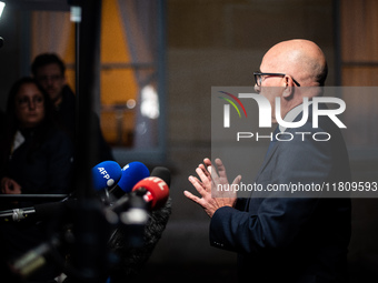 Union of Republican Right leader Eric Ciotti speaks to the press after the summit with Prime Minister Michel Barnier at the Hotel de Matigno...