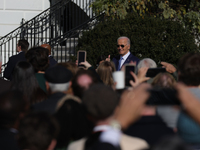 U.S. President Joe Biden greets guests at the 77th anniversary of the National Thanksgiving Turkey presentation on the South Lawn of the Whi...