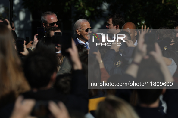 U.S. President Joe Biden greets guests at the 77th anniversary of the National Thanksgiving Turkey presentation on the South Lawn of the Whi...