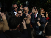 U.S. President Joe Biden greets guests at the 77th anniversary of the National Thanksgiving Turkey presentation on the South Lawn of the Whi...