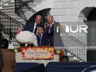 U.S. President Joe Biden hosts the 77th anniversary of the National Thanksgiving Turkey presentation, pardoning two turkeys, 'Peach' and 'Bl...