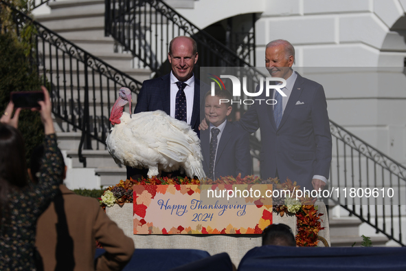 U.S. President Joe Biden hosts the 77th anniversary of the National Thanksgiving Turkey presentation, pardoning two turkeys, 'Peach' and 'Bl...