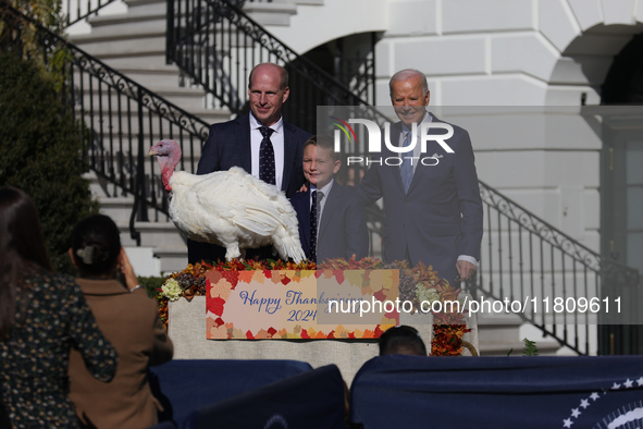 U.S. President Joe Biden hosts the 77th anniversary of the National Thanksgiving Turkey presentation, pardoning two turkeys, 'Peach' and 'Bl...