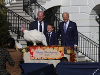 U.S. President Joe Biden hosts the 77th anniversary of the National Thanksgiving Turkey presentation, pardoning two turkeys, 'Peach' and 'Bl...