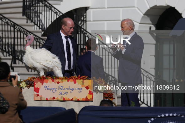 U.S. President Joe Biden hosts the 77th anniversary of the National Thanksgiving Turkey presentation, pardoning two turkeys, 'Peach' and 'Bl...