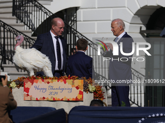 U.S. President Joe Biden hosts the 77th anniversary of the National Thanksgiving Turkey presentation, pardoning two turkeys, 'Peach' and 'Bl...