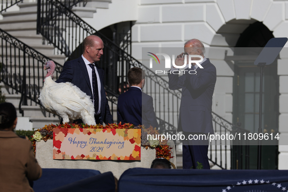 U.S. President Joe Biden hosts the 77th anniversary of the National Thanksgiving Turkey presentation, pardoning two turkeys, 'Peach' and 'Bl...