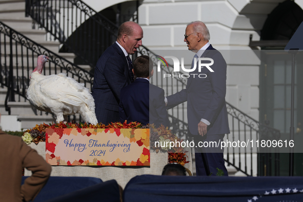 U.S. President Joe Biden hosts the 77th anniversary of the National Thanksgiving Turkey presentation, pardoning two turkeys, 'Peach' and 'Bl...