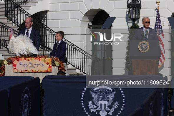 U.S. President Joe Biden hosts the 77th anniversary of the National Thanksgiving Turkey presentation, pardoning two turkeys, 'Peach' and 'Bl...