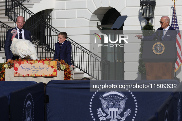 U.S. President Joe Biden hosts the 77th anniversary of the National Thanksgiving Turkey presentation, pardoning two turkeys, 'Peach' and 'Bl...