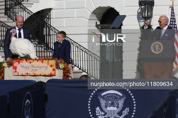 U.S. President Joe Biden hosts the 77th anniversary of the National Thanksgiving Turkey presentation, pardoning two turkeys, 'Peach' and 'Bl...