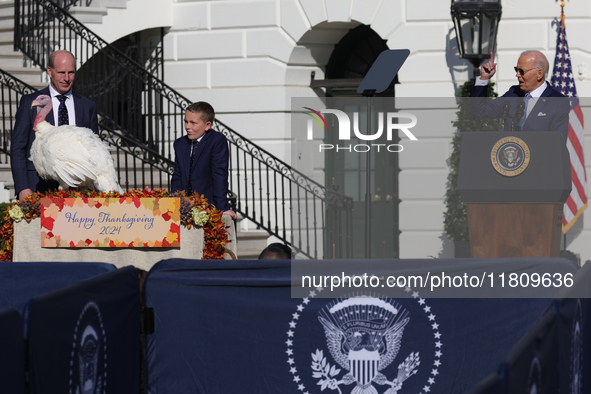 U.S. President Joe Biden hosts the 77th anniversary of the National Thanksgiving Turkey presentation, pardoning two turkeys, 'Peach' and 'Bl...