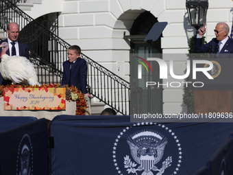 U.S. President Joe Biden hosts the 77th anniversary of the National Thanksgiving Turkey presentation, pardoning two turkeys, 'Peach' and 'Bl...