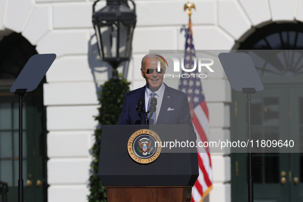 U.S. President Joe Biden hosts the 77th anniversary of the National Thanksgiving Turkey presentation, pardoning two turkeys, 'Peach' and 'Bl...