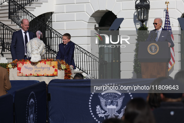 U.S. President Joe Biden hosts the 77th anniversary of the National Thanksgiving Turkey presentation, pardoning two turkeys, 'Peach' and 'Bl...